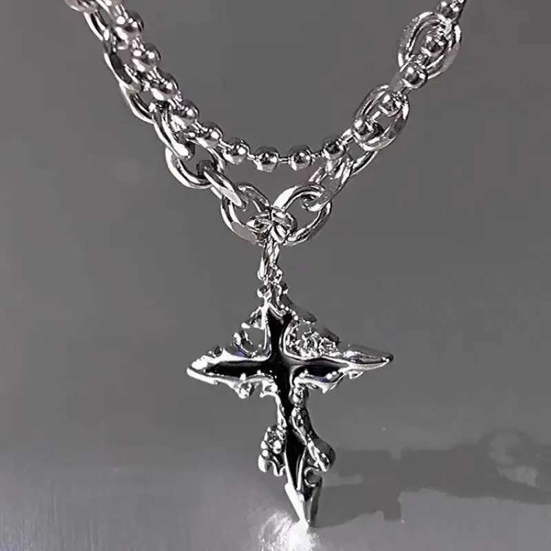 Hip hop punk long chain cross necklace mens punk double layered splicing chain necklace charm jewelry Halloween Y250329