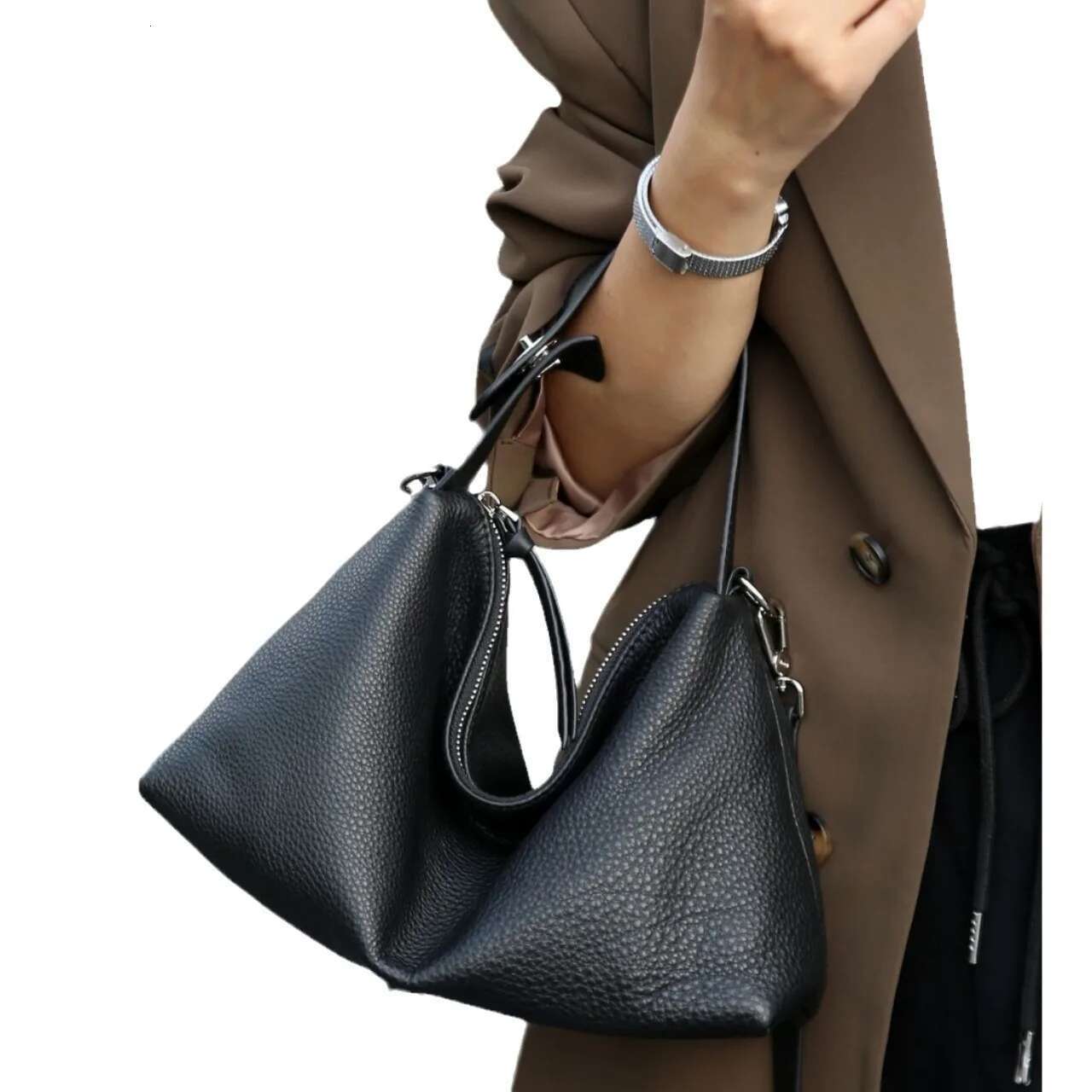 New Casual Large Capacity Soft Tote First Layer Cow Leather Women's Shoulder Bag Green Cowskin Half Moon Armpit Handbag