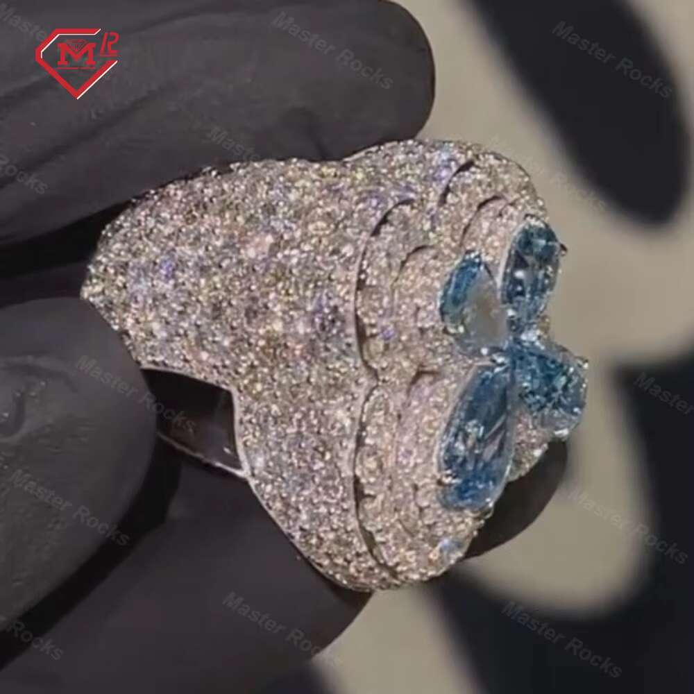 Custom Moissanite Cross Ring Hip Hop Vvs Iced Out Blue Diamond 925 Sterling Silver Men Moissanite Ring