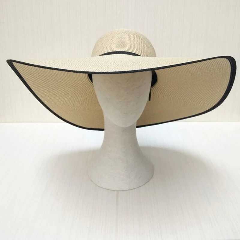 Summer womens sewn large edge 18cm holiday beach hat sun hat hand woven straw hat bracket folding wholesaleXJ250329