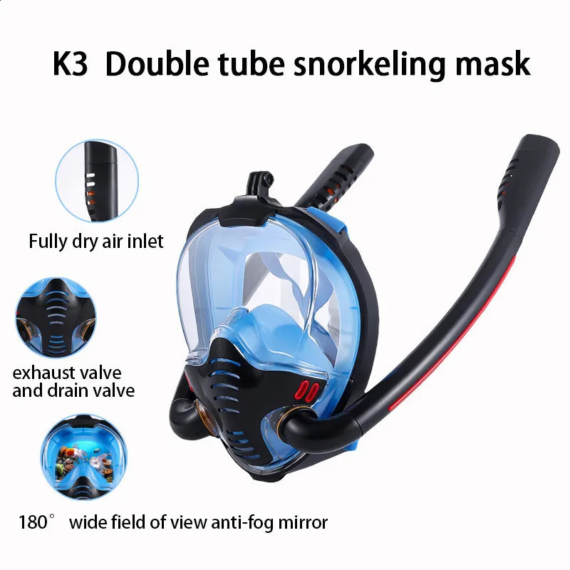 Snorkeling Mask Double Tube Silicone Full Dry Diving Mask Adult Swimming Mask Diving Goggles Self Contained Underwater Breathing 250324