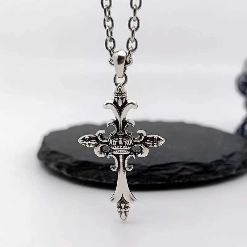Fashionable 3D Crown Cross Necklace Mens Retro Hip Hop Copper Pendant Sweater Chain Punk Student Jewelry Accessories Gift Y250329