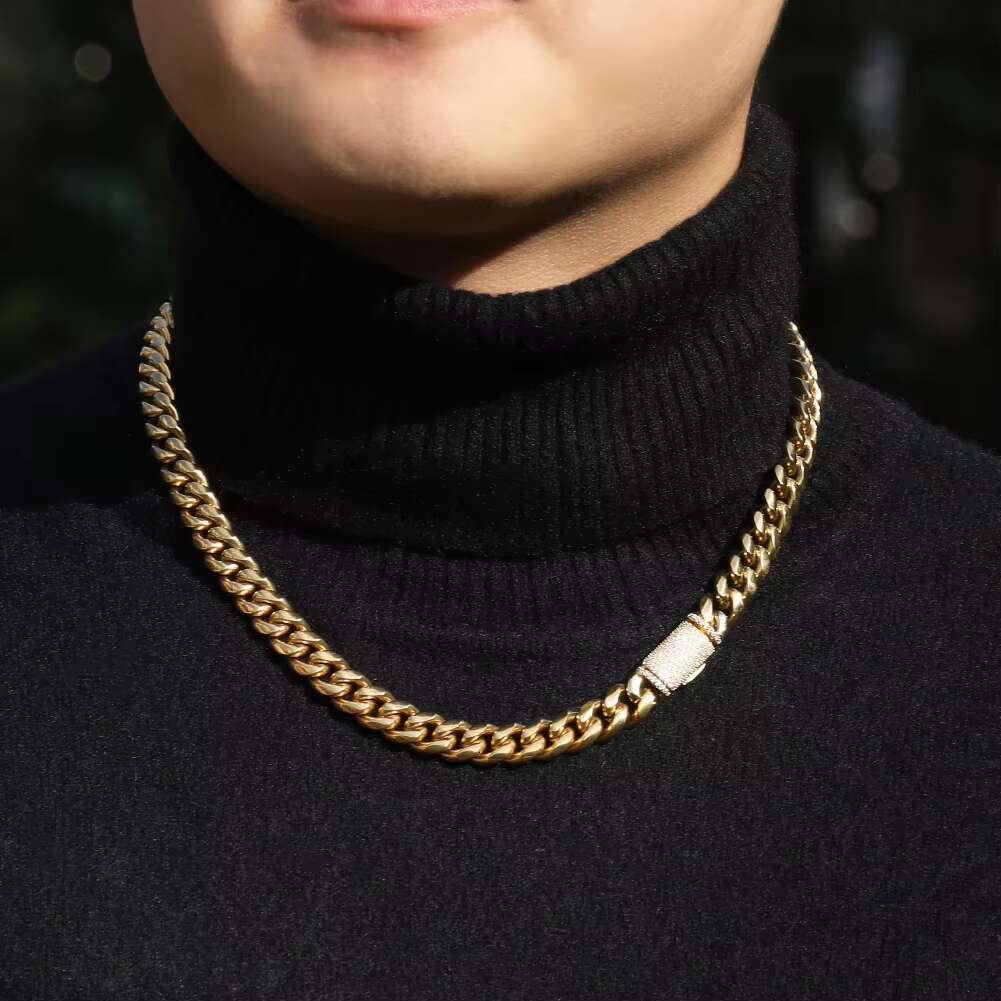 Hiisees 8mm 10mm 12mm Mens 18k Gold Plated Stainless Steel Cuban Link Necklace Hip Hop Fashion Jewelry Necklaces for Parties