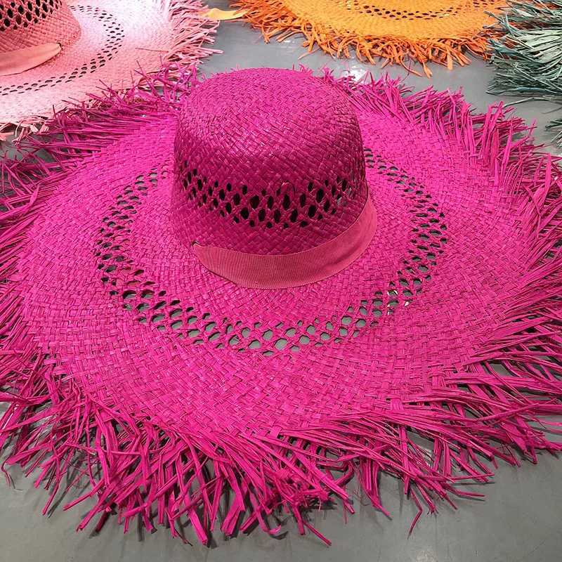 Big Brim Beach Hat For Wen Summer Seaside Raffia Straw Hat Travel Vacation Visor Sun Hat Wens Hat With Colored Raw Edges X250329