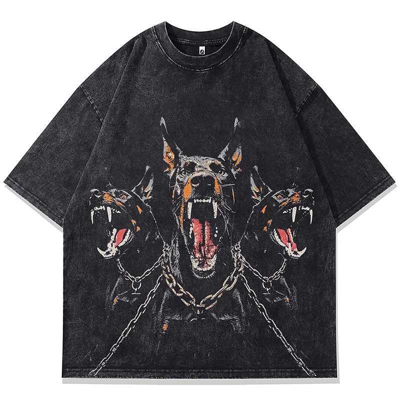 Summer Mens Washed Tshirts Hip Hop Doberman Dog Graphic Print Punk Gothic T-Shirt Streetwear Harajuku Vintage Cotton Tops Tees X250329