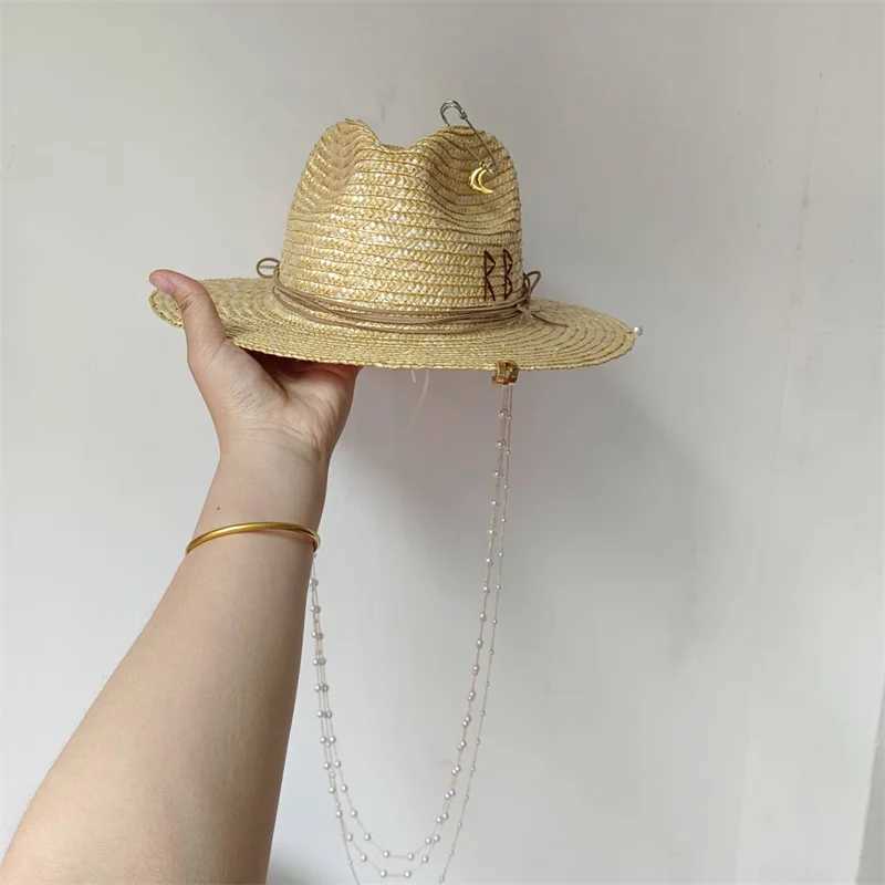 White straw hat pearl chain DIY flat top sun hat new Korean elastic ribbon hat beach hat candy color sun hat X250329