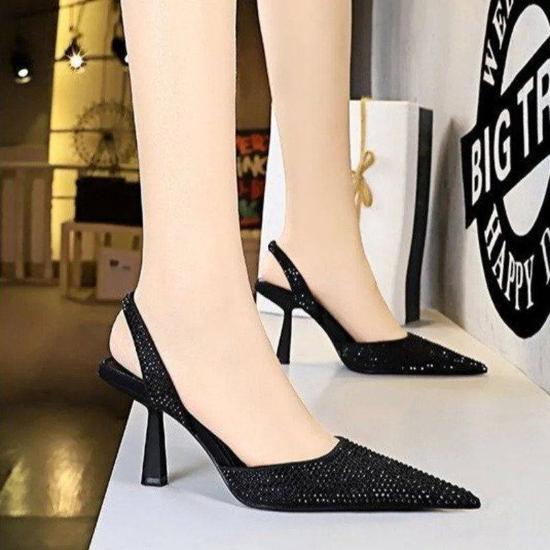 Gold Women Heels Sandals Summer Crystal Pointed Toe Female Stiletto African Party Rhinestone Shallow Slip on Heel Shoes 250328