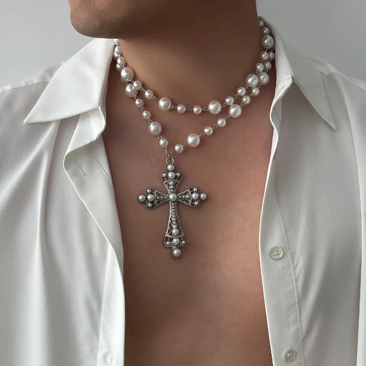 IngeSight. Z Charm Elegant Imitation Pearl Necklace Mens New Gothic Jesus Cross Pendant Necklace Mens Party Jewelry Y250329