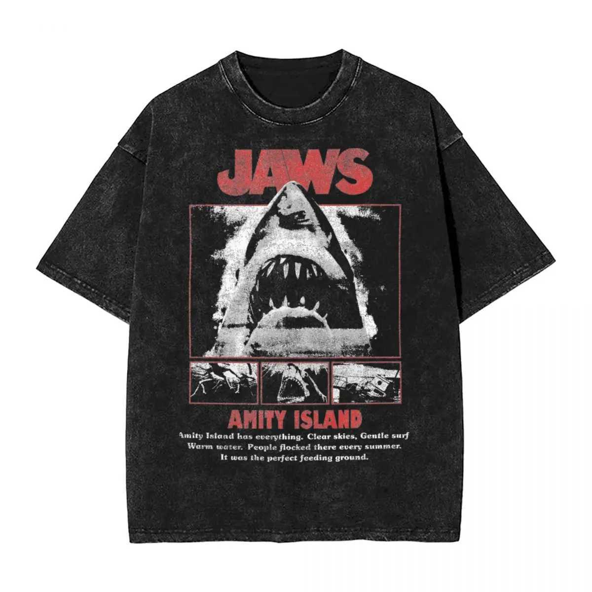 Jaws Photo Negative Panel Portraits T Shirts Hip Hop Washed Cotton Street T-Shirt for Men Women Streetwear Printed Tee Shirt X250329