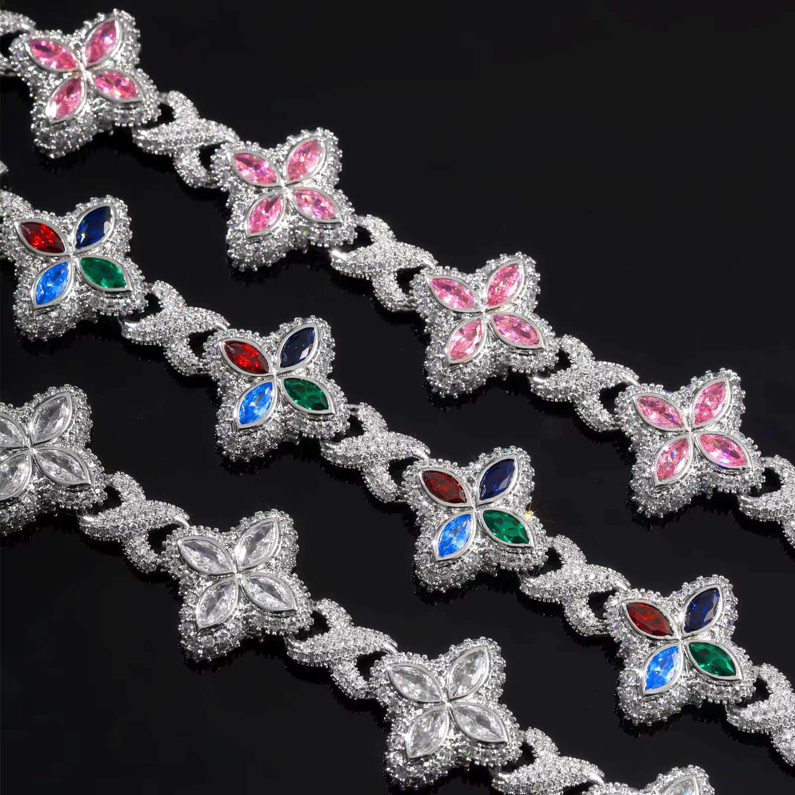 New Design Hip Hop Pink White Colorful Moissanite Clover Bracelet Necklace 925 silver Iced Out Flower Moissanite Diamond Cuban Chain
