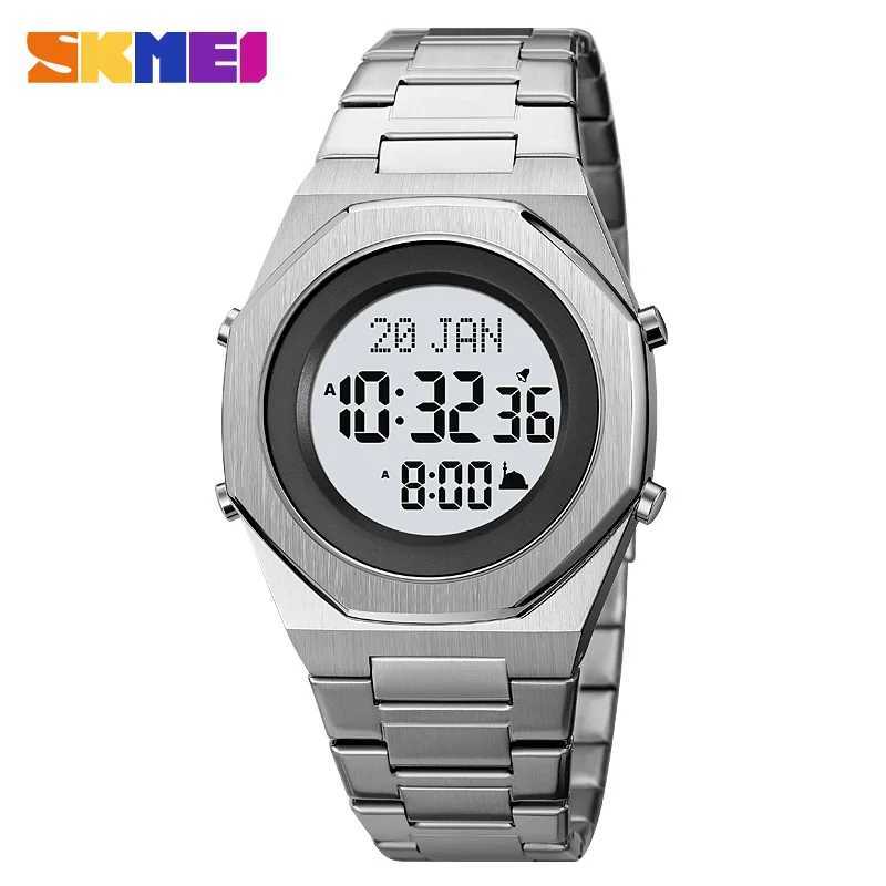 SKMEI Mens Stainless Steel Digital Electronic Islamic Watch Muslim Azan Mens Strap Zipura Compass W250329