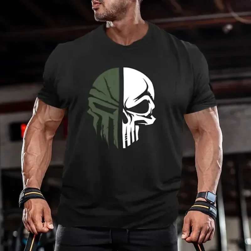 Cotton mens T-shirt printed military skull T-shirt oversized gym short sleeved sweatshirt mens clothing sports top W250329