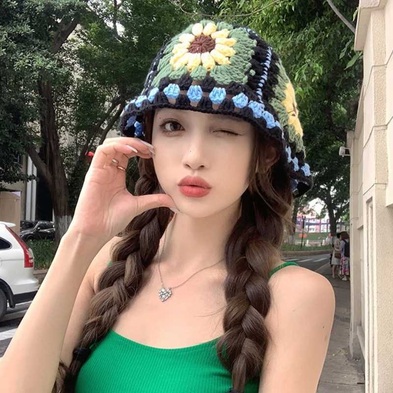 Crochet Flower Bucket Hat for Wan Breathable Mti-color Weaving Wide Brim Bucket Hat Adt Teens Four Seasons Fisherman Cap X250329