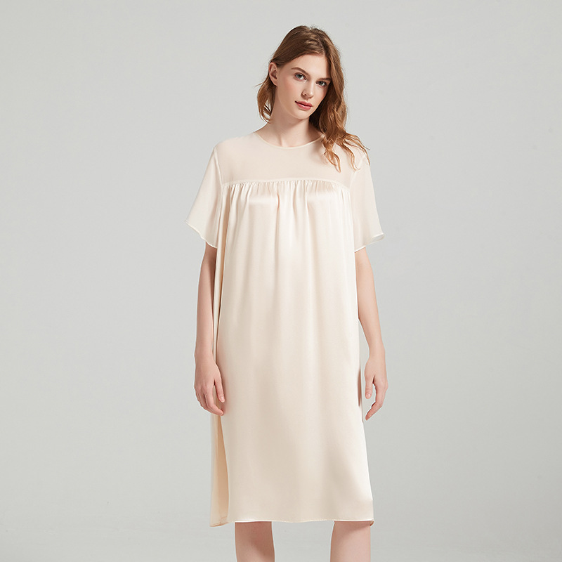 H82290 High qualityMulberry silk pajamas Georgette stitching round neck silk nightdress babydoll dress elegant ladies home wear