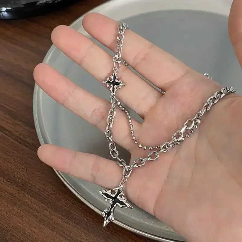 Hip hop punk long chain cross necklace mens punk double layered splicing chain necklace charm jewelry Halloween Y250329