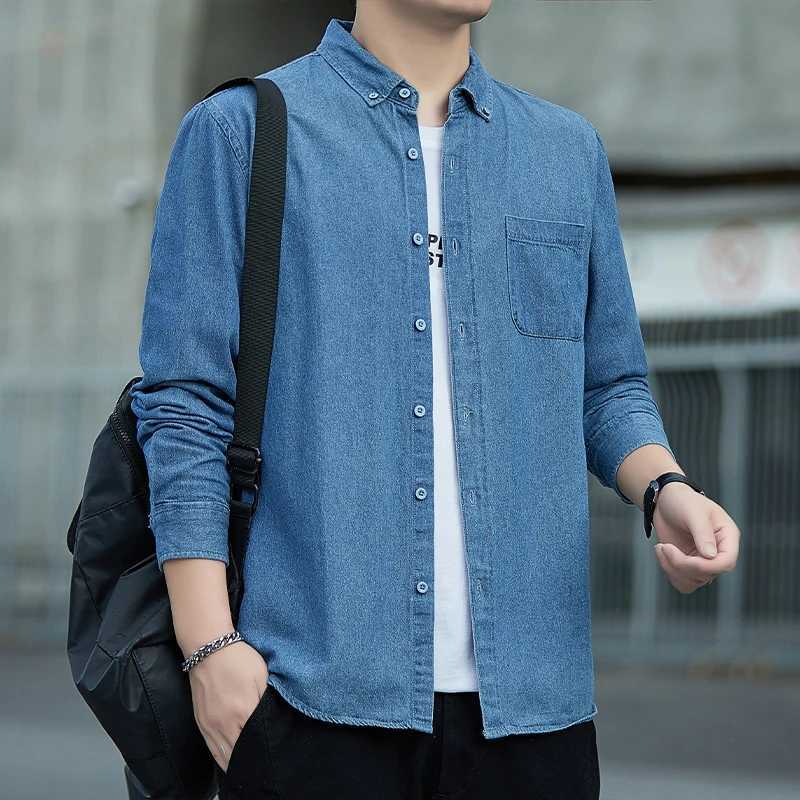 Spring and autumn mens denim shirt cotton long solid color slim casual shirt mens blue T-shirt daily jeans top X250329