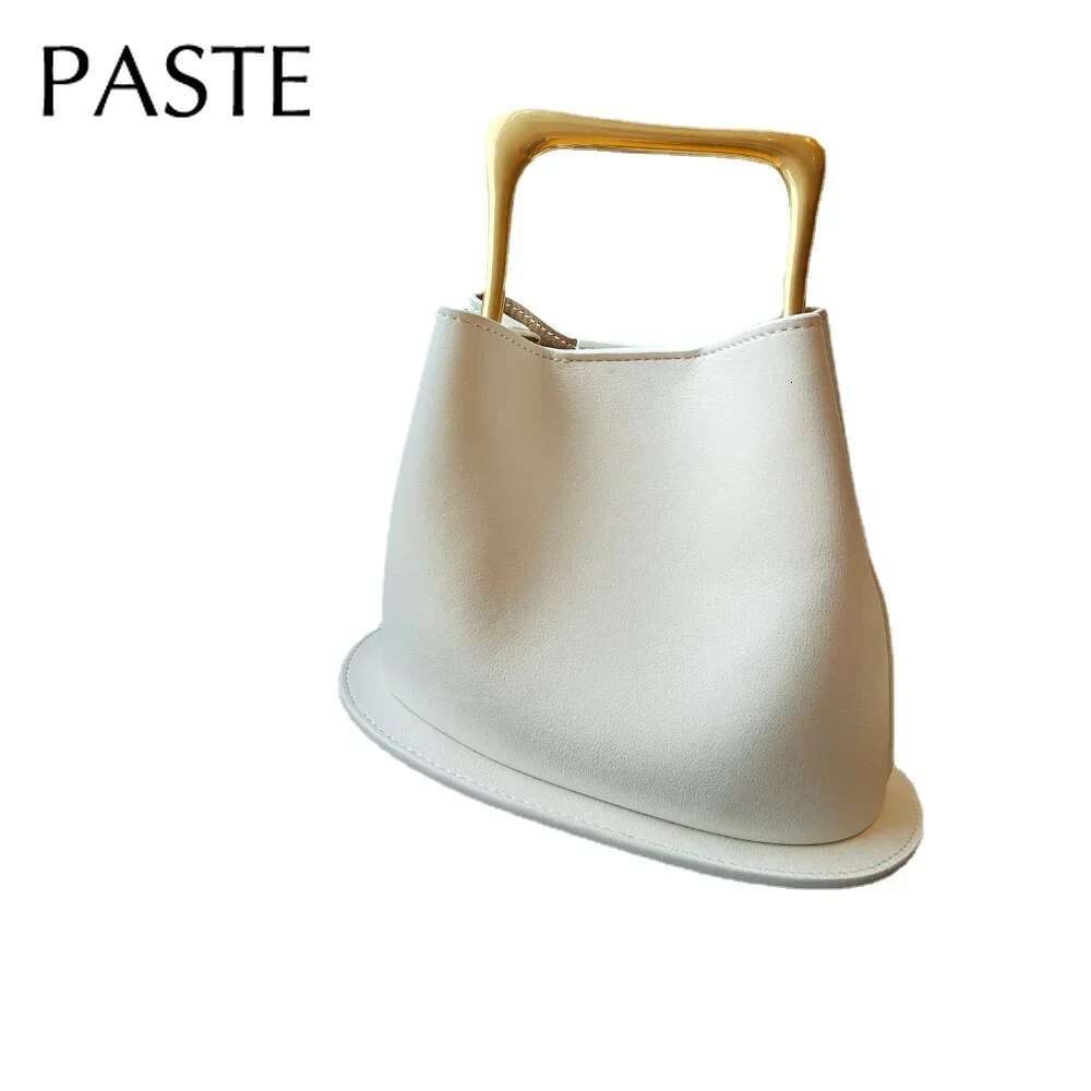 New Stylish High-End Bucket Tote Beige Color Plain Satin Cow Leather Women Handbag Metal Handle Female Crossbody Bag Small