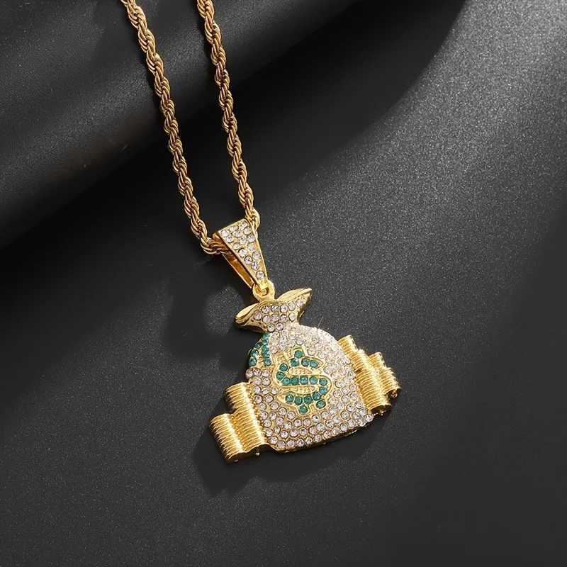 Hip hop punk money bag pendant necklace with rope chain sparkling cubic zirconia necklace cool mens rock bike jewelry gift Y250329