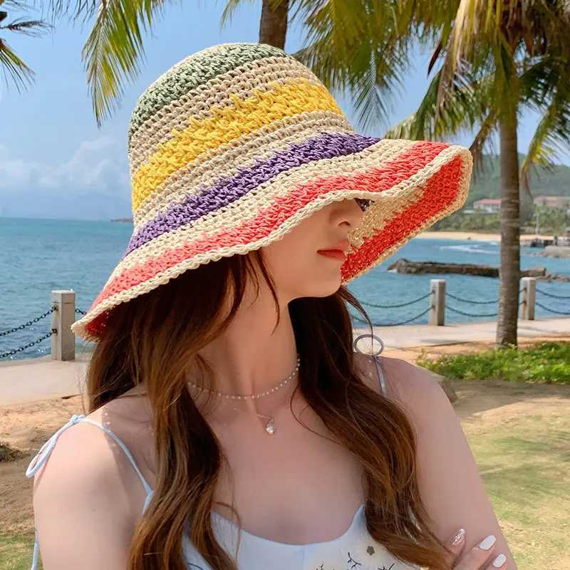 Rainbow straw hat womens summer sun umbrella handmade crochet large Brim bucket hat womens beach sun hat Bohemian girls fashion hatXJ250329