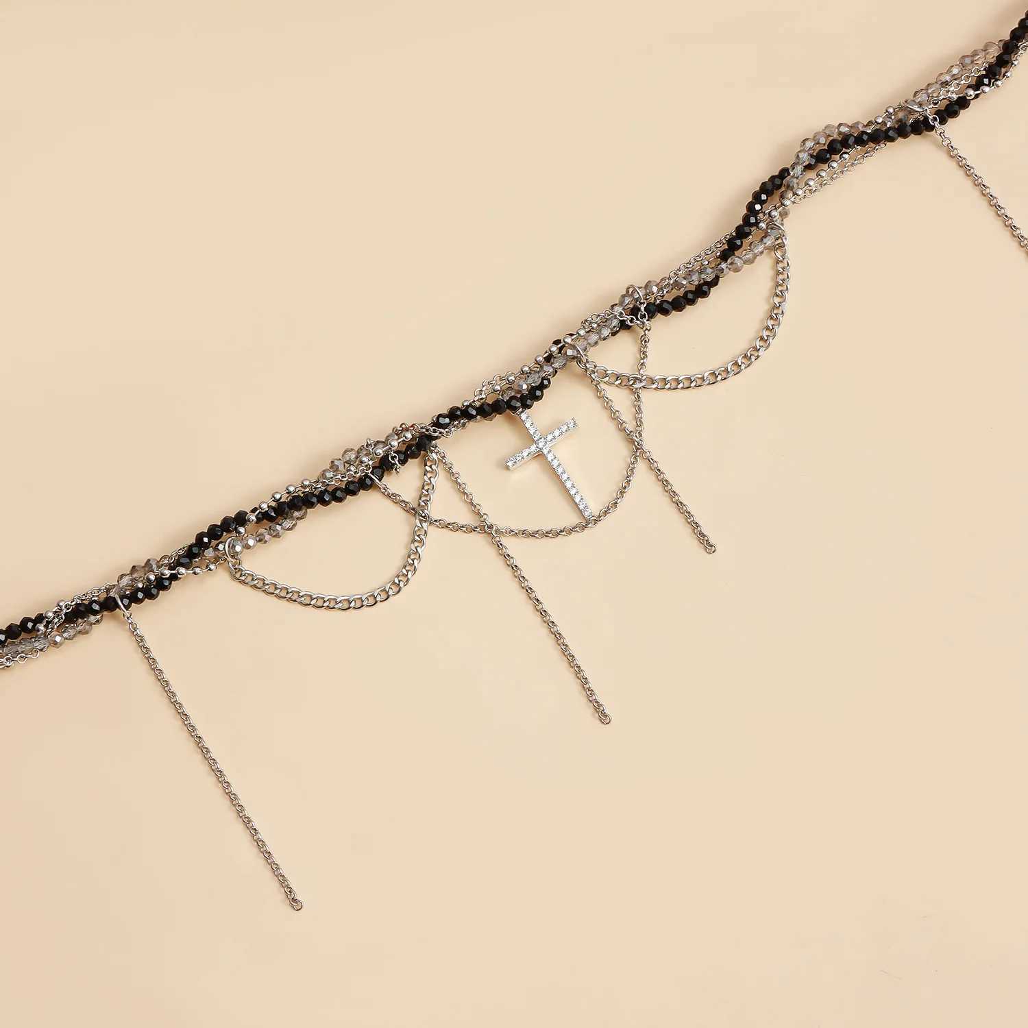 New Y2K Cross Pendant Beaded Necklace Womens Bohemian Crystal Grade Tassel Kravik Chain Cool Necklace Fashion Jewelry Y250329