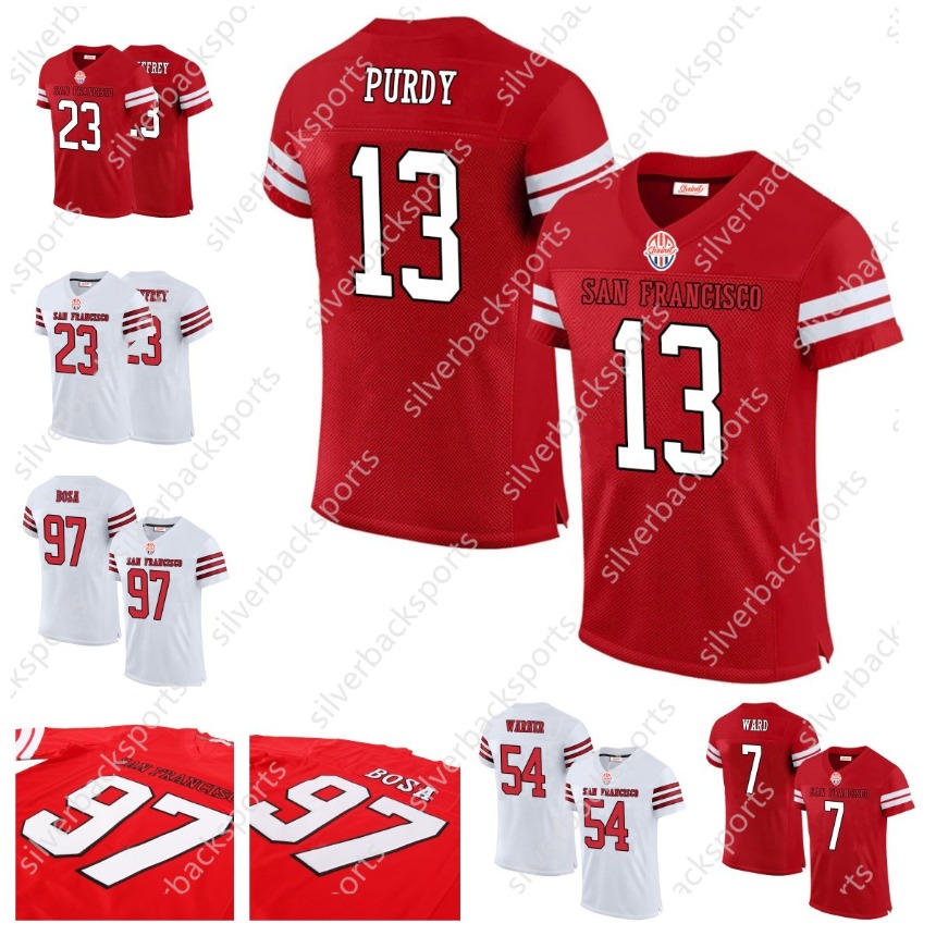 Men's Womens Youth 13 Brock Purdy Comfy V-Neck Football Jersey with Black Mesh Embroidery for Training and Compeon Breathable Moisture-Wicking Sh