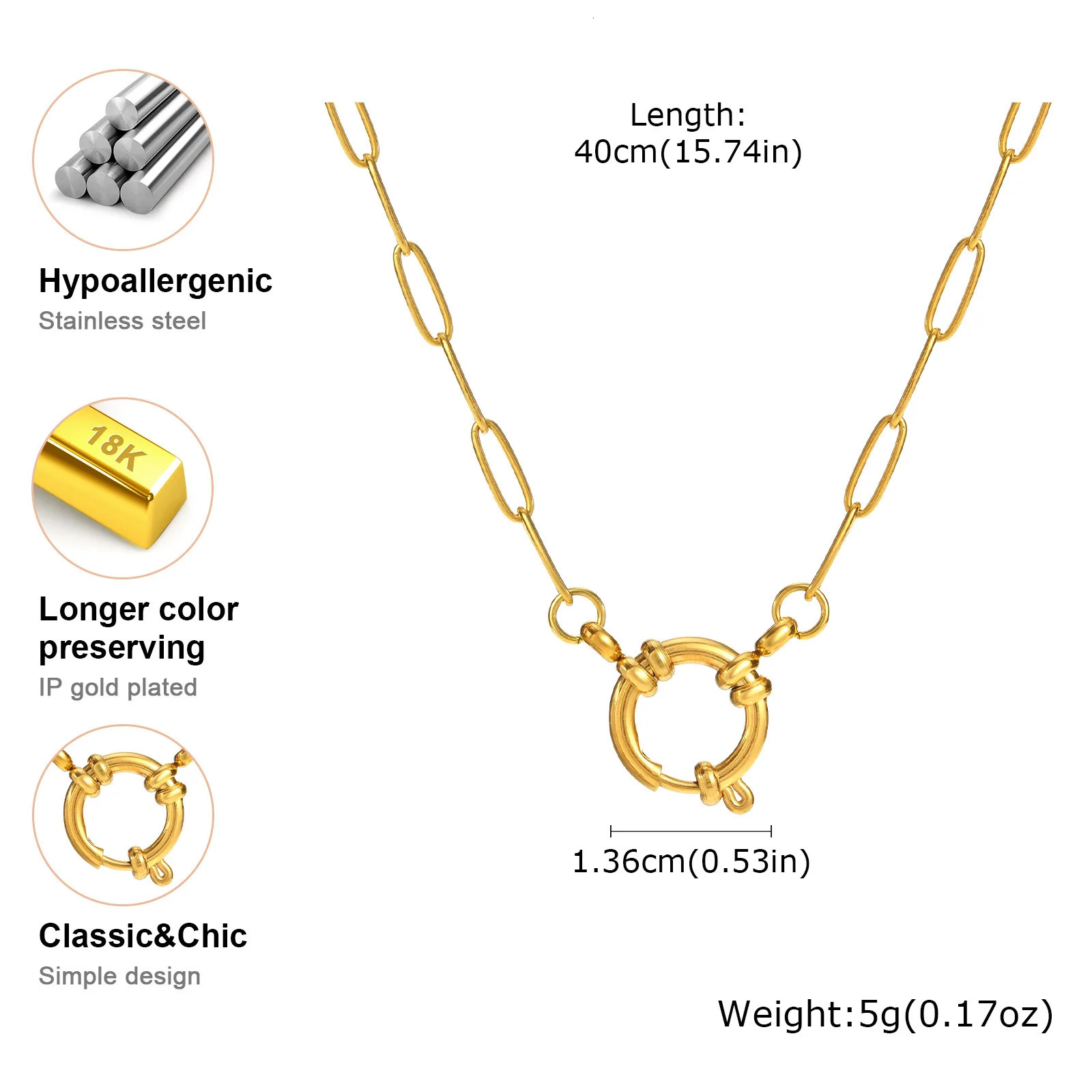 Paperclip Chain Necklace Womens Stainless Steel Spring Buckle Pendant Waterproof 18k Gold Plated Jewelry 250325