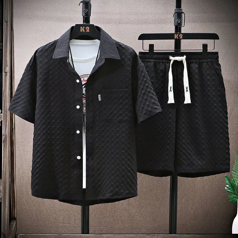 Summer casual Korean short sleeved shirts and stylish clothing twopiece set for youth mens wear 250327