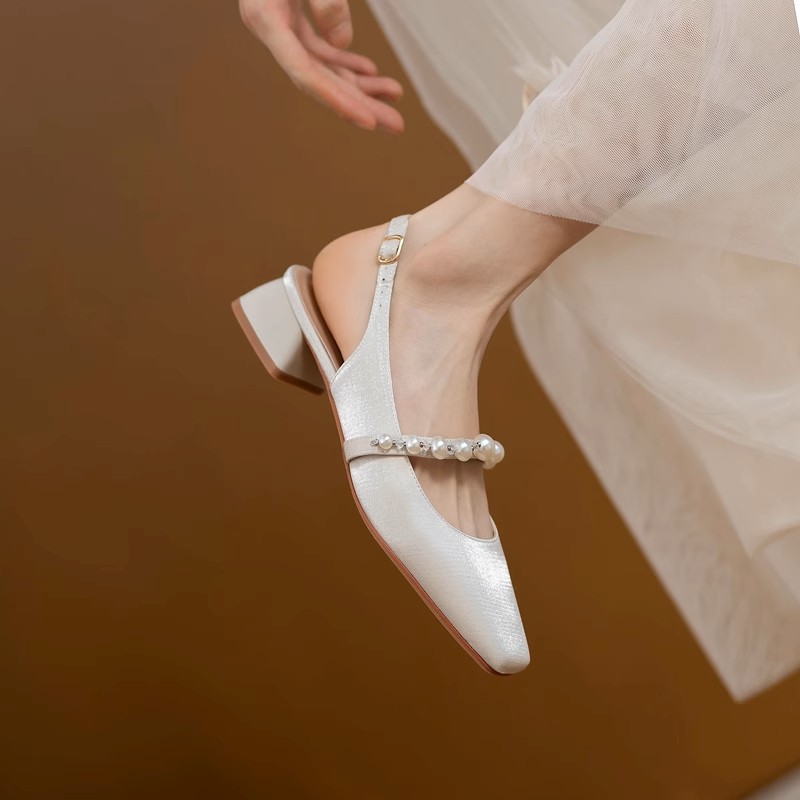 slippers Designer Coarse heeled sandals One word strap single shoe Baotou high heels Rear empty slipper Women External penetration