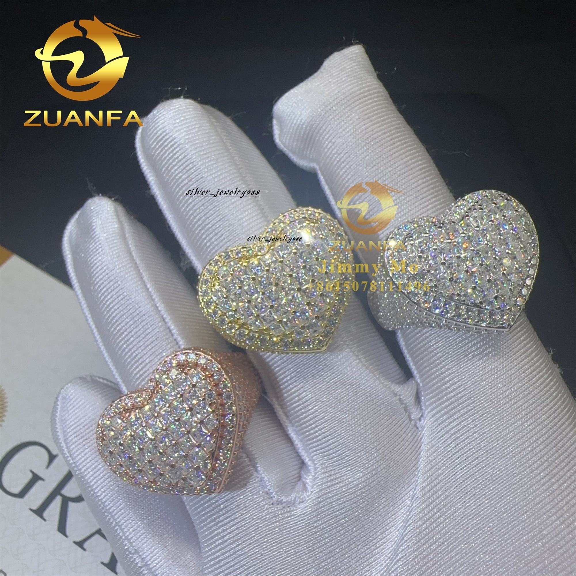 Bulk Stock Pass Diamond Tester 925 Sterling Silver Full With Baguette Moissanite Diamond Hip Hop Iced Out Heart Shape Ring Men