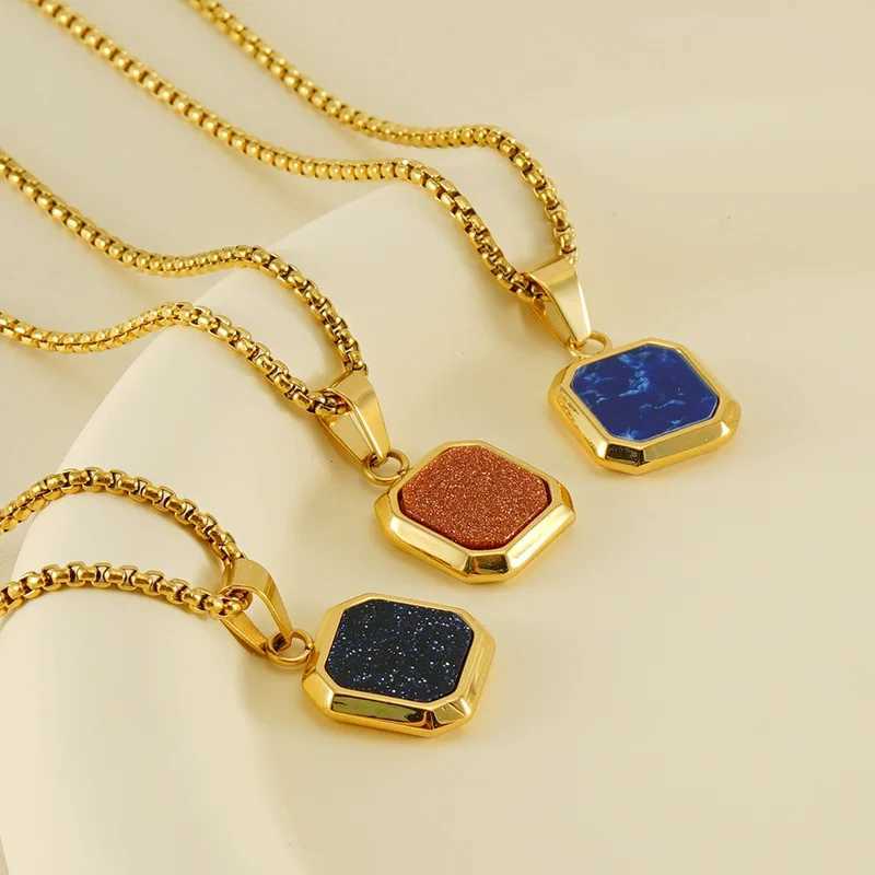 Fashion stainless steel hip-hop chain turquoise square necklace for men and women bulk sales Y250329