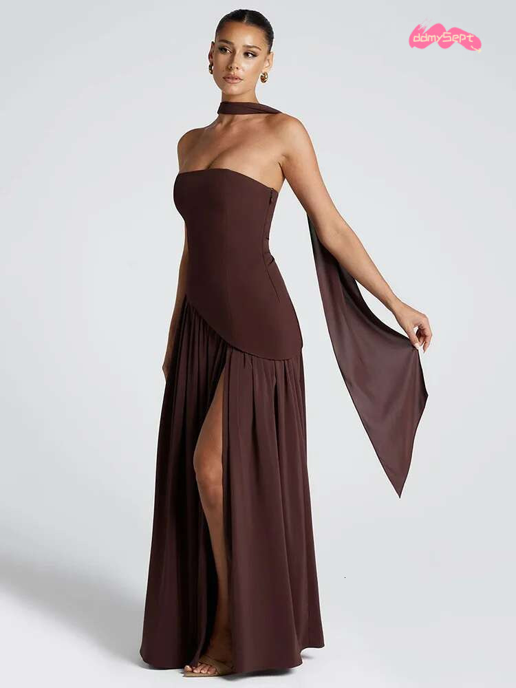 Mozision Strapless Off-shoulder Sexy Maxi For Women Gown Patchwork Scarf Collar Thigh High Split Club Party Long Dress ddmySept