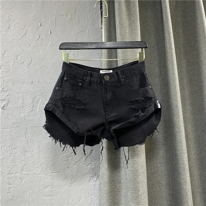 Sexy low rise denim shorts summer hole womens wide leg open top jeans 250328