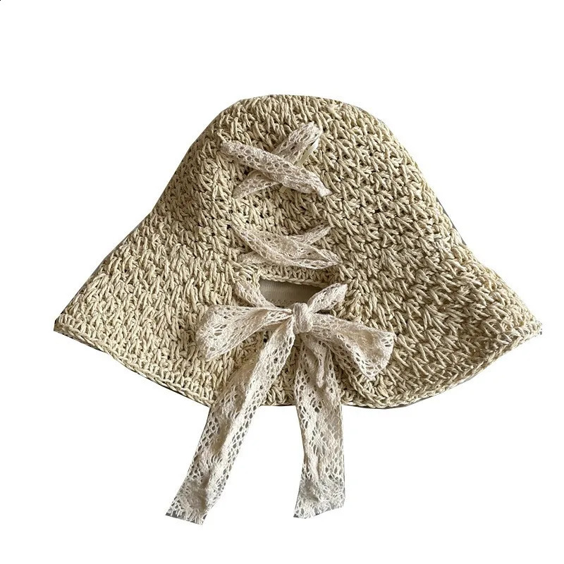 Straw Hat Womens Lace Bow Hollow Crochet Cap Summer Sunshade Sun Hat Fashion Foldable Beach Hat 250321