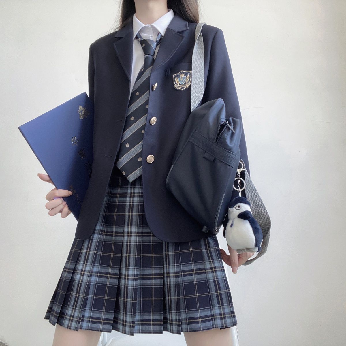 H328College Student Defense Suit Jacket - Elegant Dark Blue JK Outfit for Women