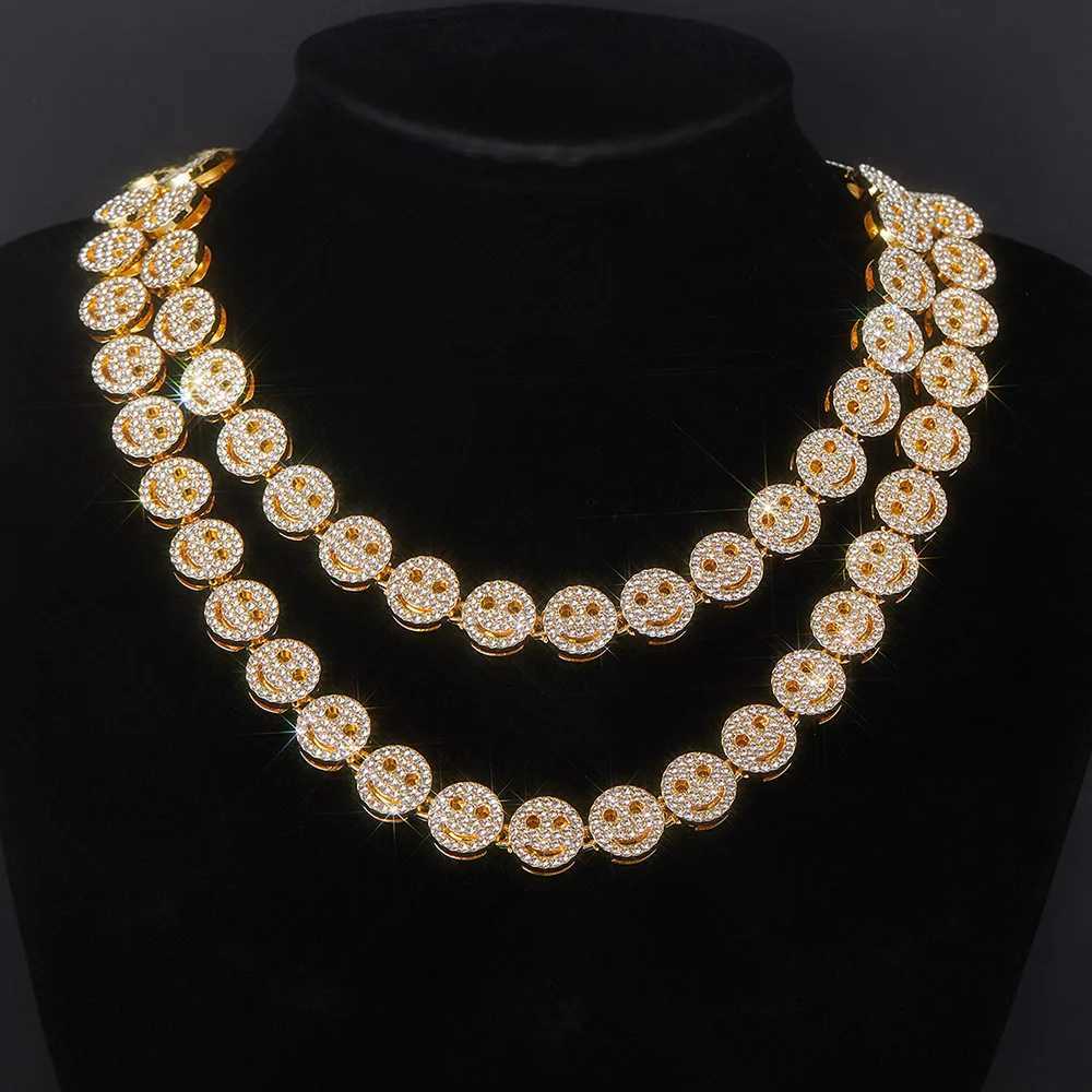 Mens Hip Hop Round Smile Tennis Chain Necklace Hip Hop Ice Sparkle 12mm Crystal Bracelet Set Fashion Charm Jewelry Y250329