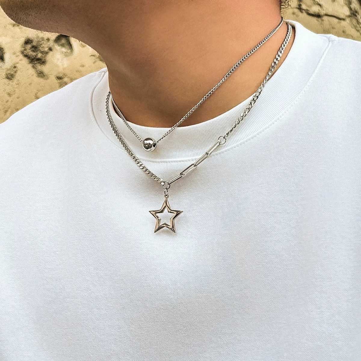 Salicon Titanium Steel Casual Star Pendant Necklace Mens Trend Double Link Short Necklace Punk Hip Hop Jewelry Y250329