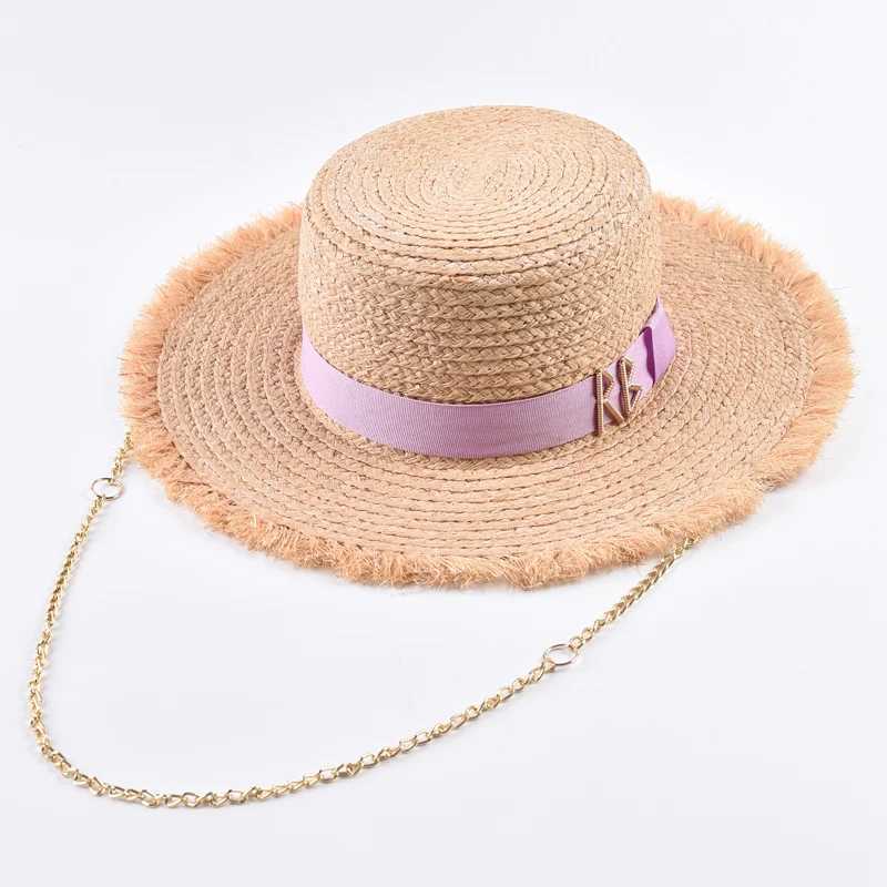 Natural Raffia Straw Hats for Wen Fashionable Metal RB Letter Sun Hat Outdoor Holidays Beach Sun Protection Hat X250329