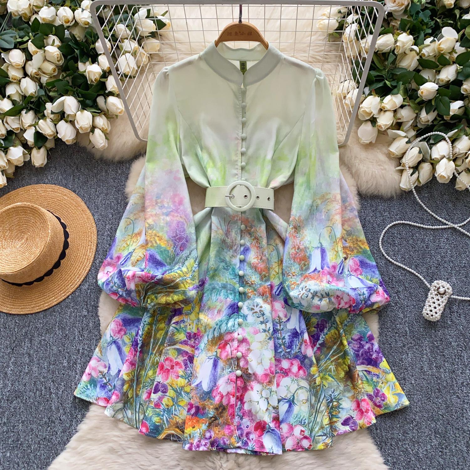 Casual Dresses Summer Gorgeous Flower Blooming Mini Dress Women's Stand Collar Puff Sleeve Buttons Floral Print Lace Up Belt Holiday Beach Vestid
