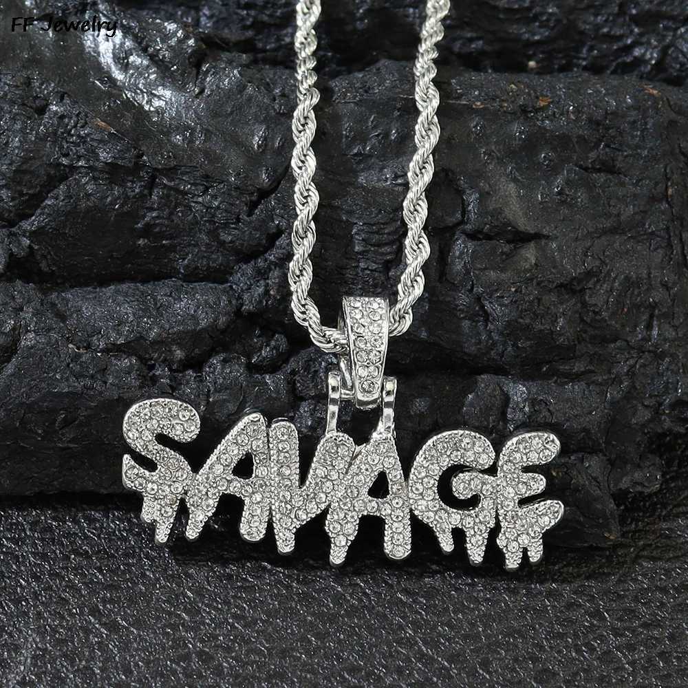 Womens Hip Hop Savage Letter Pendant Necklace with 13mm Cuban Chain Ice Sparkling Hip Hop Necklace Fashionable Charm Jewelry Y250329