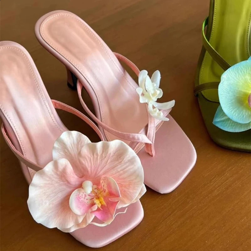Sweet Flower Women Sandal Green Handmade Asymmetrical Satin Leather Stiletto Half-slip High Heels Summer Flip Flops 250328