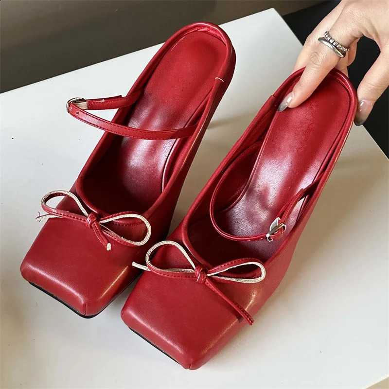 Eilyken Bowknot Square Toe Women Pumps Sexy Buckle Strap Thin High Heels Banquet Prom Mule Slippers Shoes 250328