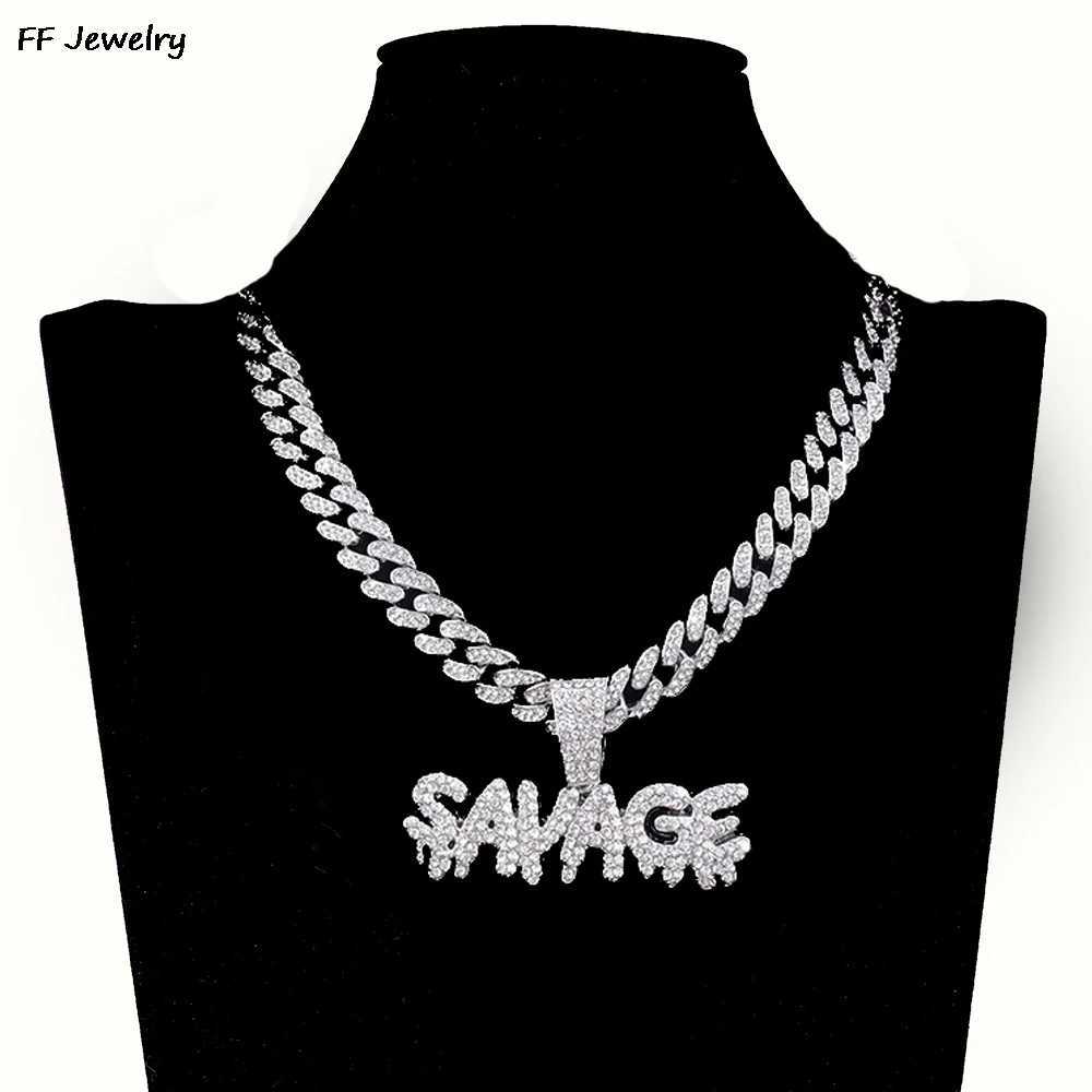 Womens Hip Hop Savage Letter Pendant Necklace with 13mm Cuban Chain Ice Sparkling Hip Hop Necklace Fashionable Charm Jewelry Y250329