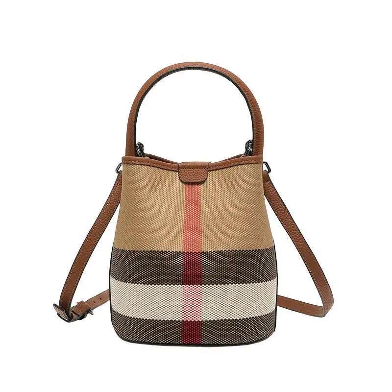 Free Shipping Canvas Genuine Leather Women Fashion Barrel Bucket One Shoulder Crossbody Bags Female Purses And Handbags Ladies Bag