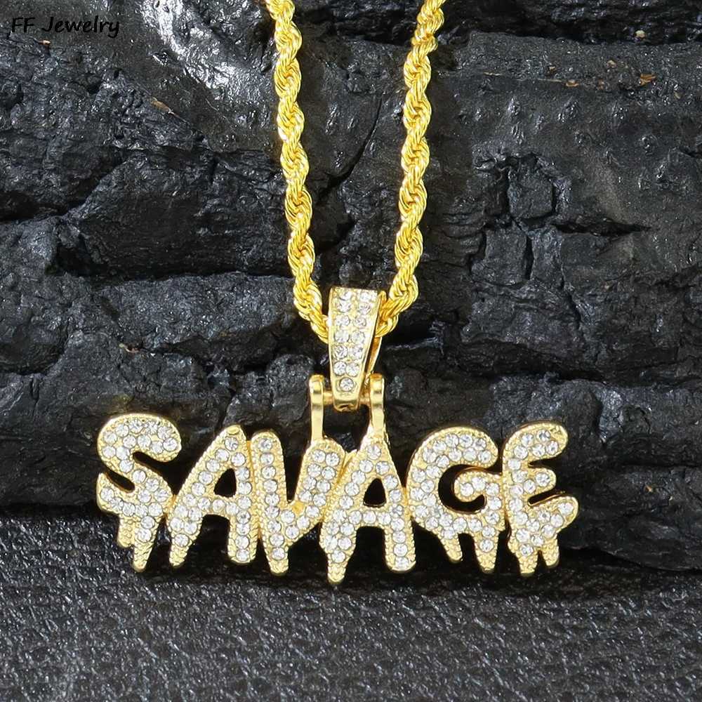 Womens Hip Hop Savage Letter Pendant Necklace with 13mm Cuban Chain Ice Sparkling Hip Hop Necklace Fashionable Charm Jewelry Y250329