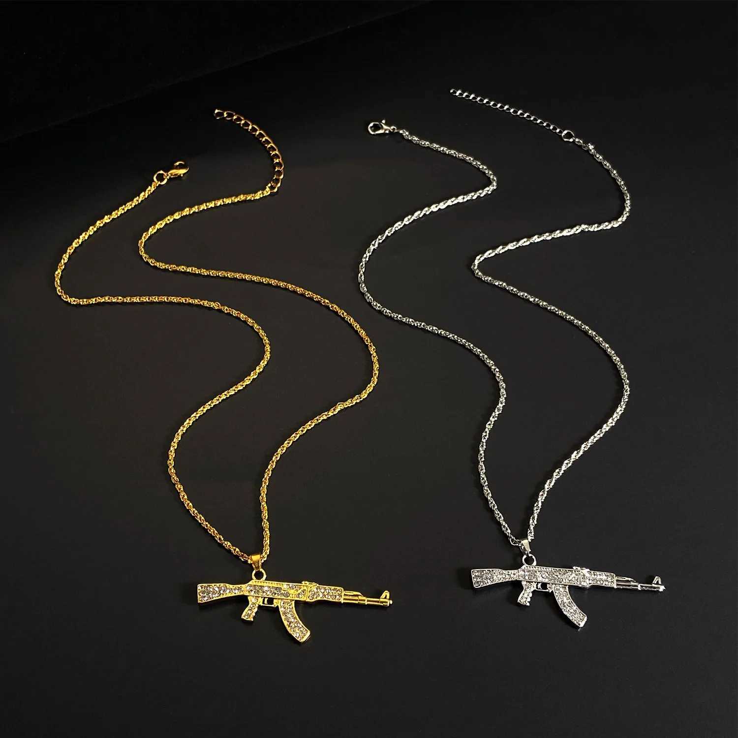 ZAKOL Hiphop Rock AK47 rifle and gun pendant necklace suitable for men women crystal metal Kravik chains suffocation parties daily jewelry gifts Y2503