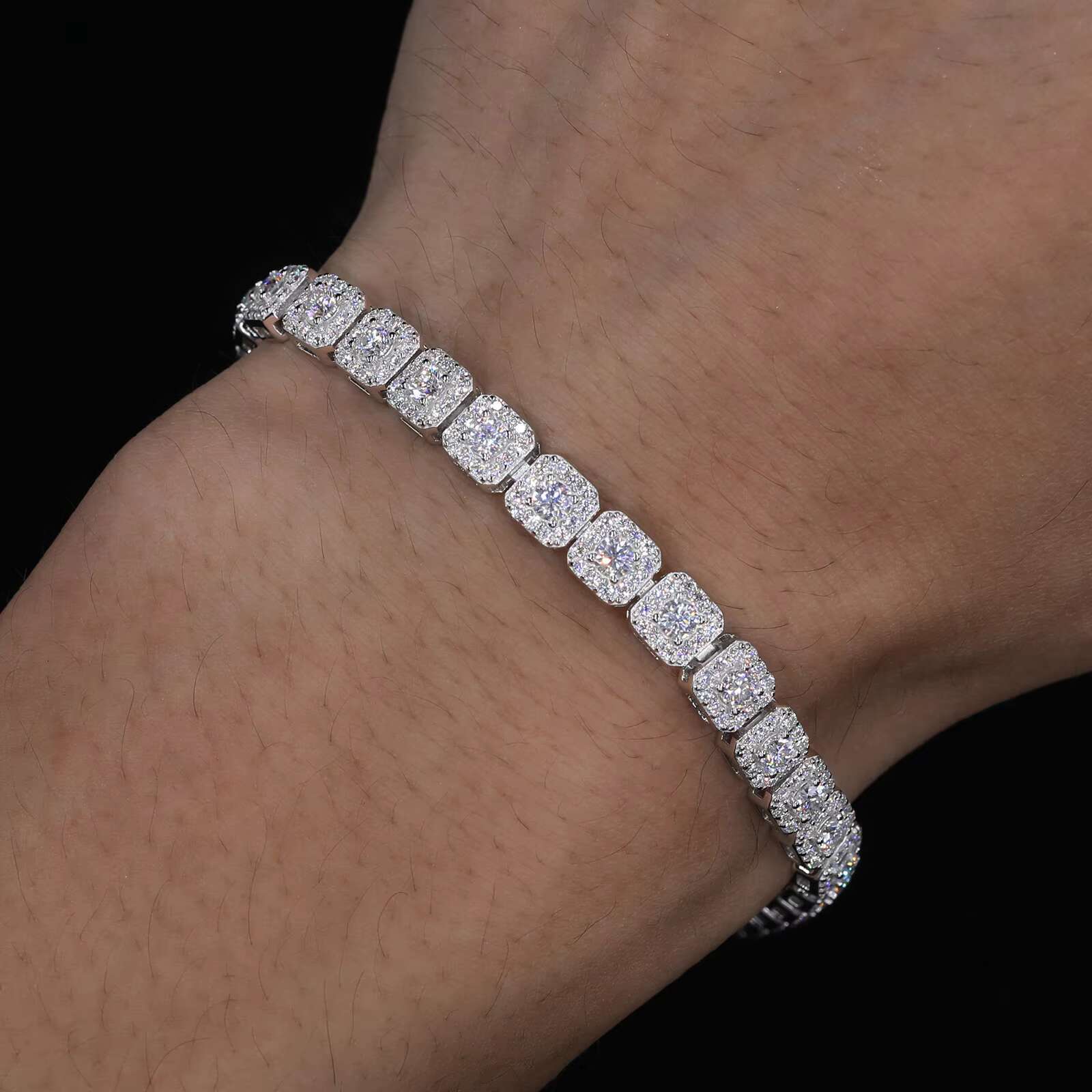 Exquisite 6mm Moissanite High Quality White Gold Color Waterproof 925 Sterling Silver Halo Tennis Bracelet for Men