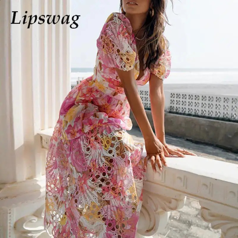 Warm short sleeved Bohemian long dress embroidered retro summer floral print party dress for women V-neck stitched waist dress 250328