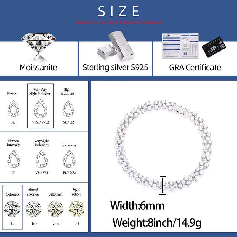 Fine Jewelry 6mm 925 Sterling Silver Luxury D VVS1 Diamond Bracelet Gifts Non Fade Moissanite Tennis Bracelet
