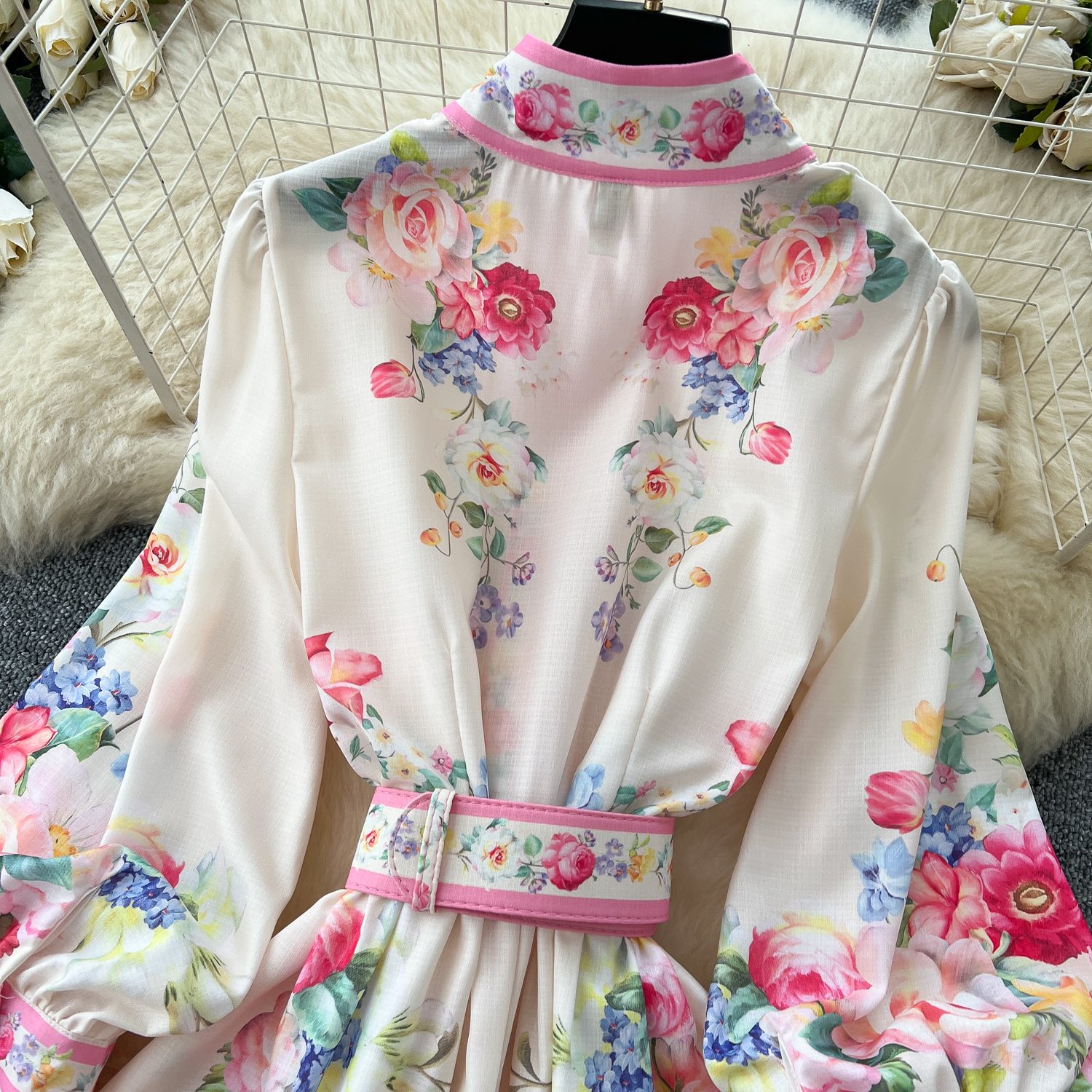 Basic Casual Dresses 2025 Spring Fashion Gorgeous Long Dress Women Clothing Stand Long Lantern Sleeve Floral Print Single Breasted Belt Maxi Vestidos
