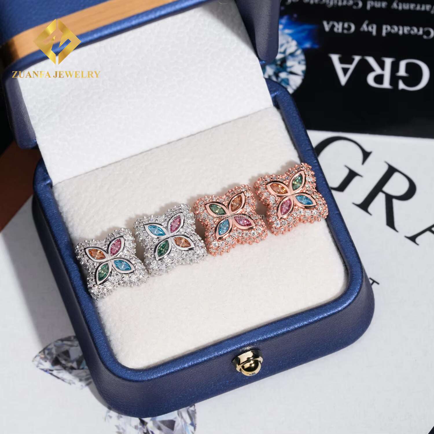 New Arrivals Flower Design Jewelry 925 Sterling Silver Colorful Moissanite Diamond Stud Earring Hip Hop Iced Out Earring
